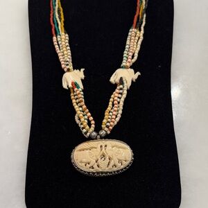 Unique Multicolor Beaded and Ivory Elephant Necklace